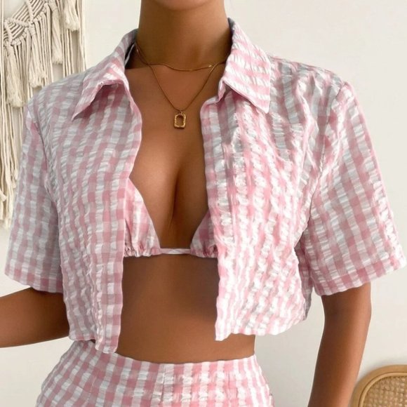 PINK 3 PIECE GINGHAM SUMMER SET STREETWEAR BEACHY VACAY - Picture 5 of 7